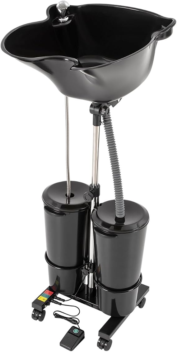 Portable Shampoo Bowl 2 Buckets, 3.34-4.49ft Height Adjustable Dual Bucket Hair Washing Station, 270 Degree Rotation of Shampoo Basin Mobile Salon Sink, for Home, Beauty Salon, Spa, Barber Shop