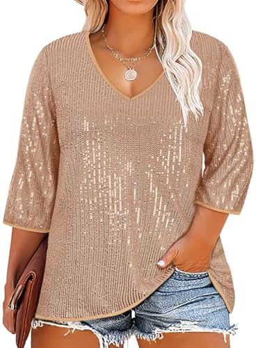RITERA Plus Size Glitter Tops for Women 34 Sleeve Shirts Evening Cocktail V Neck Sequin Blouse Tunic Weddings XL-5XL