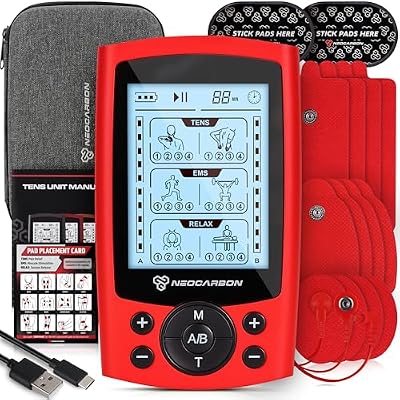 NeoCarbon TENS Unit Muscle Stimulator, Electronic PMS Pulse Massager Machine for Shock Physical Therapy, Back Pain Relief, Sciatica and Shoulder Recovery, Red