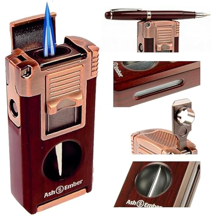 Woody Cigar Lighter Presidents Day Gift for Him Premium Twin Torch with V-Cutter Butane Refillable, Windproof Design, Woodgrain Finish, Gift Box Included Ash & Ember