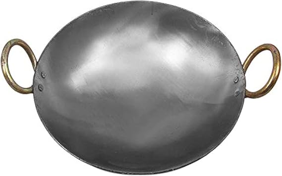 Traditional Iron Deep Kadai Frying Pan Cooking Fry Heavy Base Multipurpose Use Kadhai Handmade with Handle Golden Rings Silver Color 8 in 20 cm 1.5 liters Induction Friendly