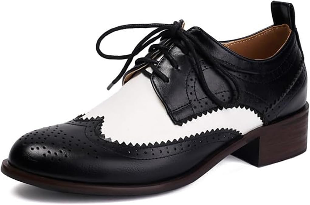 Seborluys Lace-up Wingtips Oxford Shoes for Womens Vintage Multicolor Leather Chunky Heels Two Tone Perforated Saddle Pumps Shoe Low Heel Oxfords Brogues