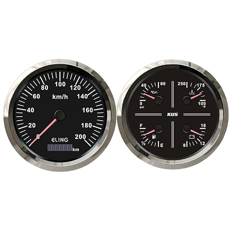 ELING Gauge kit 110mm Speedometer GPS 200km/h 4in1 Multi-Function Gauge Fuel Level Water Temperature 100-250F Oil Pressure Voltmeter 12V for Car Sailboat Tractor with Red and Yellow Backlight