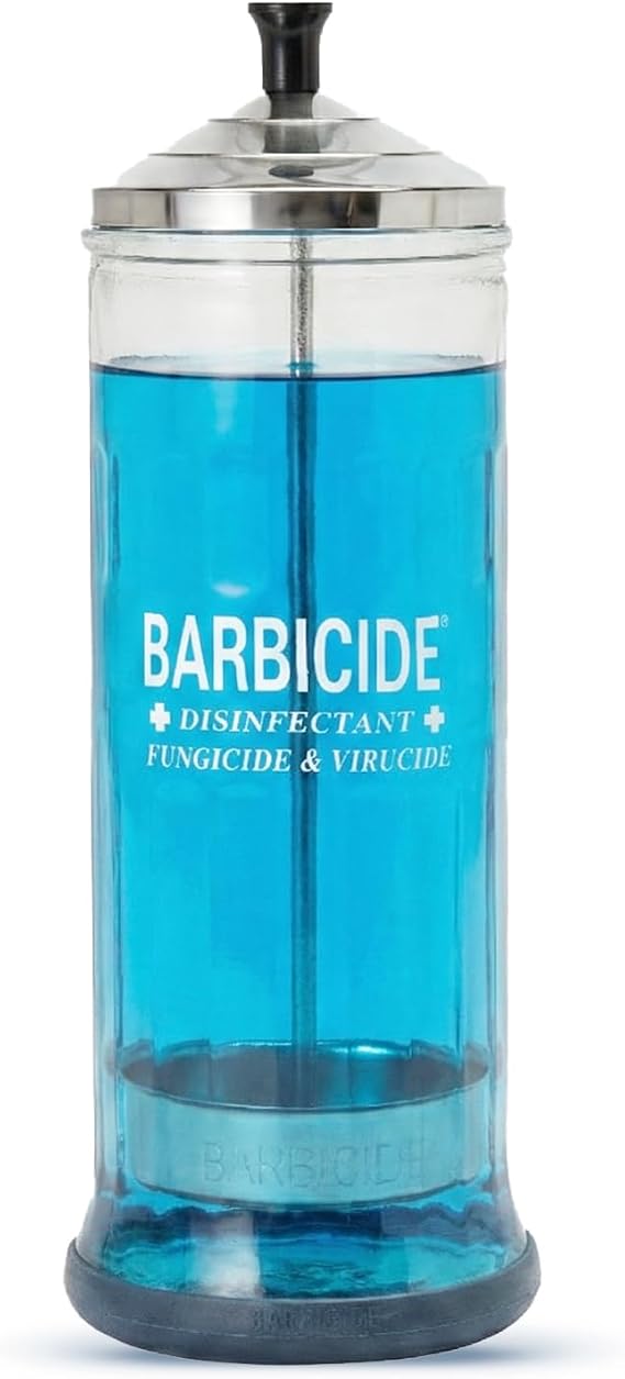 BARBICIDE Disinfecting Jar (Large - 37 Fl Oz) Durable Glass Immersion Container with Stainless Steel Lid &Tray Professional Tool Sanitizer for Combs, Brushes, Nail Tools & Implements