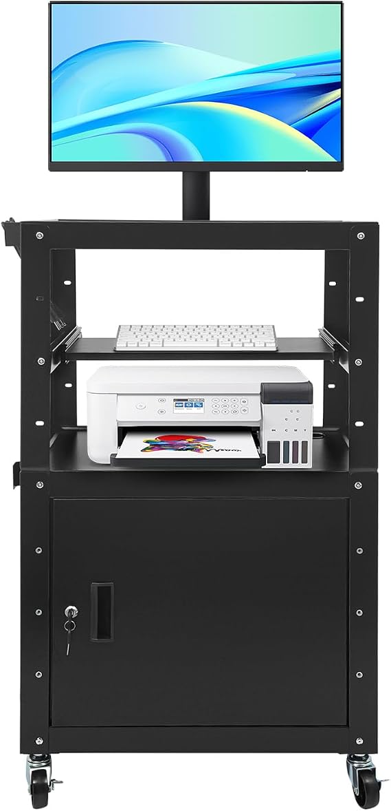 AV Cart, Rolling Projector Utility Cart 31.5-43Inch Height Adjustment Mobile Storage Cart with Locking Cabinet, Keyboard Tray & Power Strip, Carbon Steel AV Presentation Stand