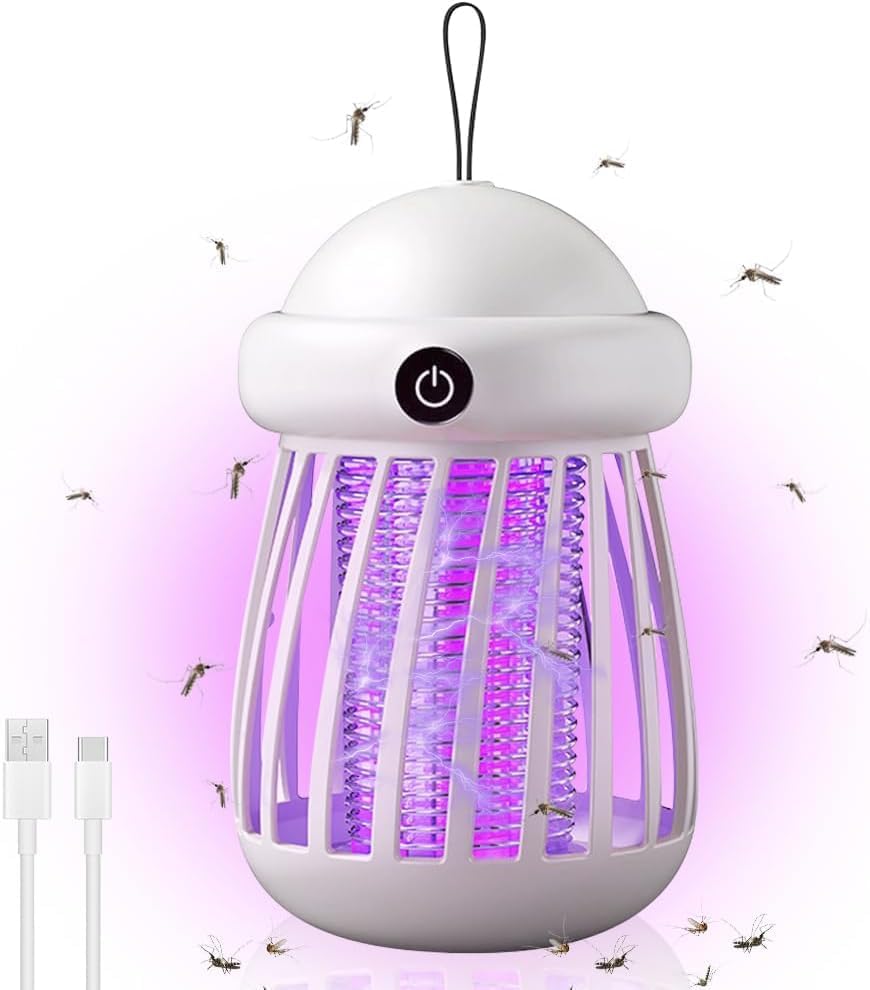 Mosquito Killer Lamp, 2 in 1 Fly Zapper Electric for Indoor and Outdoor, USB Rechargeable Bug Zapper with UV Lamp and Lighting Lamp, 360° Attract Zap Flying Insect for Yard, Camping - White