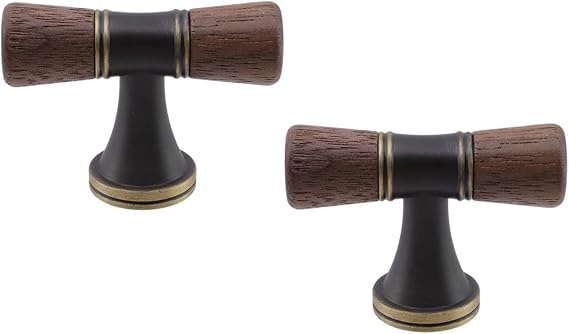 Wood T Knobs Wood Cabinet Pulls Handles Walnut Cabinet Pulls Brass Base Single Hole Drawer Pull 46mm/1.81" for Kitchen, Cupboard, Drawer, Cabinets,2 Pcs(Walnut and Black)