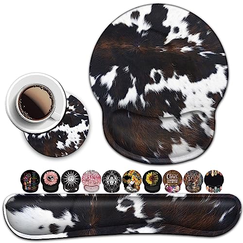BROWN COW Ergonomic Mouse Pad and Keyboard Wrist Rest - Easy Typing Pain Relief, Memory Foam, Cute Cowhide Design