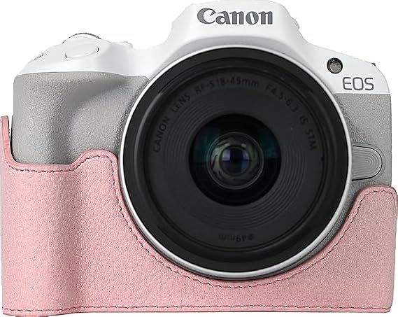 R50 Case, BMAOLLONGB Handmade PU Lichee Leather Half Camera Case Bag Cover Bottom Opening Version for Canon Eos R50 with Hand Strap (Pink)