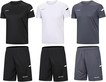 BUYJYA Mens Workout Clothes Athletic Shorts Shirt Set 3 Pack Basketball Football Training Running Gym Christmas gifts