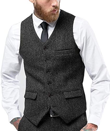 Tuikayoo Mens Herringbone Suits Vests Wool Business Tweed Retro Waistcoats Groomsman Slim Fit