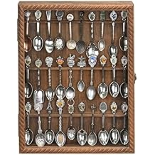 Ikee Design Wooden 30-Souvenir Spoon Display Case Cabinet, Wall-Mounted Tea Spoon Rack with Tempered Glass Door Suitable for Collection Display, Brown Color, 13.4W x 2.6D x 15.7H in