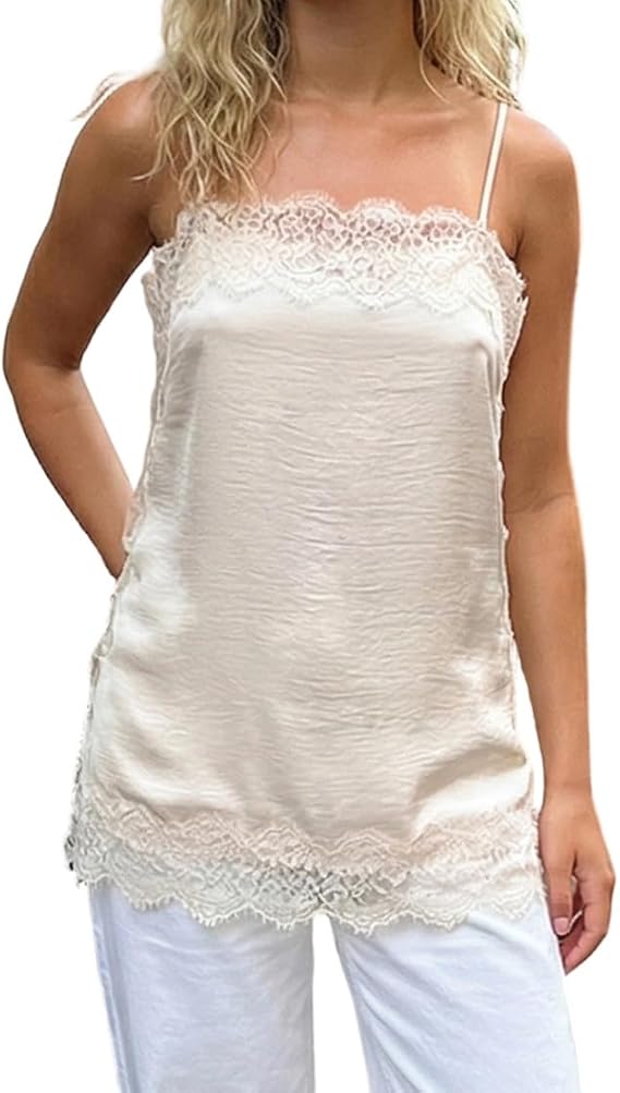 Women Lace Trim Satin Camisole Top Silky Spaghetti Strap V Neck Cami Top Flowy Asymmetrical Going Out Tank Tops