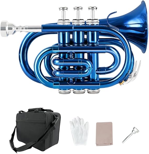Bb Pocket Trumpet Mini Brass Instrument for Beginners, Gold Lacquer Finish with 7C Mouthpiece & Case, Ideal for Travel Marching Band Practice (Blue)