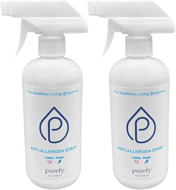 PUREFY Anti-Allergen Spray (16oz, 2pk), Hypoallergenic. Eliminate Inanimate Allergens and Odor. Baby Safe. Unscented. No Residue. Safe for Babies & Pets. Allergen Reducer for Healthier Life!