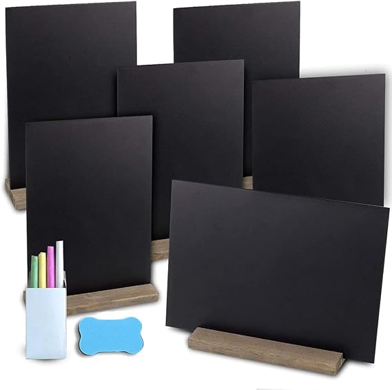 Chalkboard Signs - 6 Pack Mini Double Sided Blackboard Message Boards Rustic Wooden Stands with Chalk & Eraser