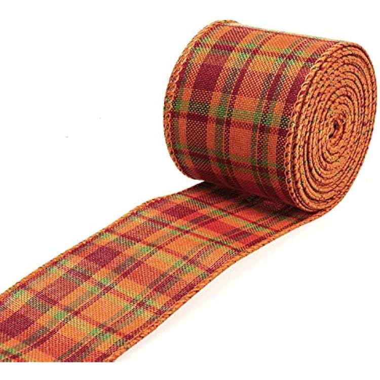 ATRBB OrangeRedGreen Buffalo Plaid Ribbon Wired Edge Gingham Ribbon for Thanksgiving Decoration and Bows Craft,10 Yards by 2.48 Inches Style 6