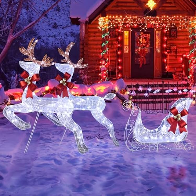 Reindeer and Sleigh Outdoor Decorations, Light Up Reindeer with Sleigh Decor, Lighted Reindeer Christmas Outdoor Yard Decorations with 270 LED Lights for Outside, Lawn, Garden and Indoor