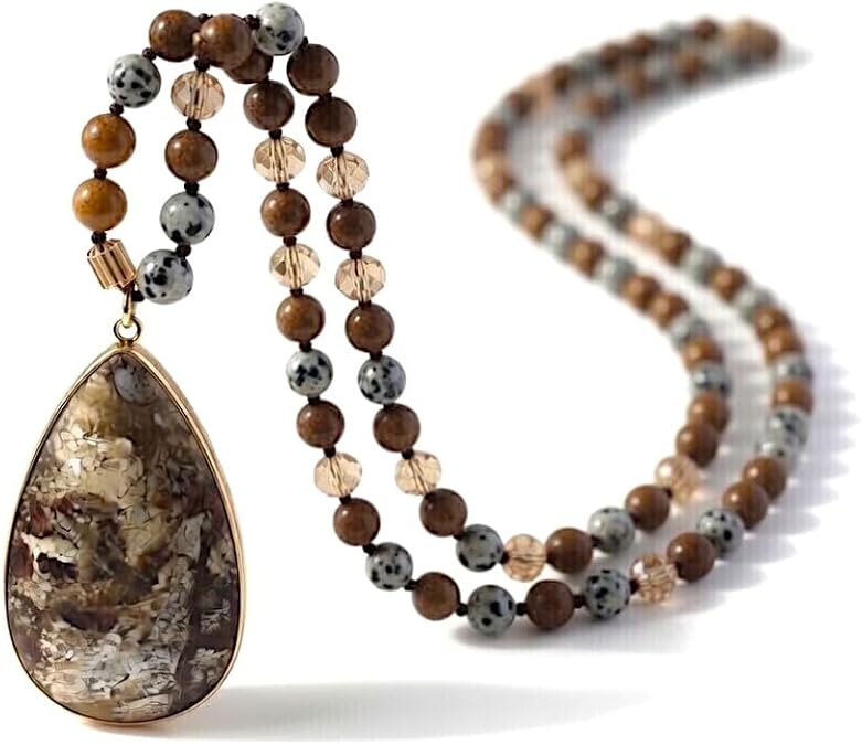 Long Genuine Stone beads and Pendant Necklace for Woman. Hand Knotted natural stone beads with big non-precious stone statement necklace. HANDMADE Boho Jewelry for women.
