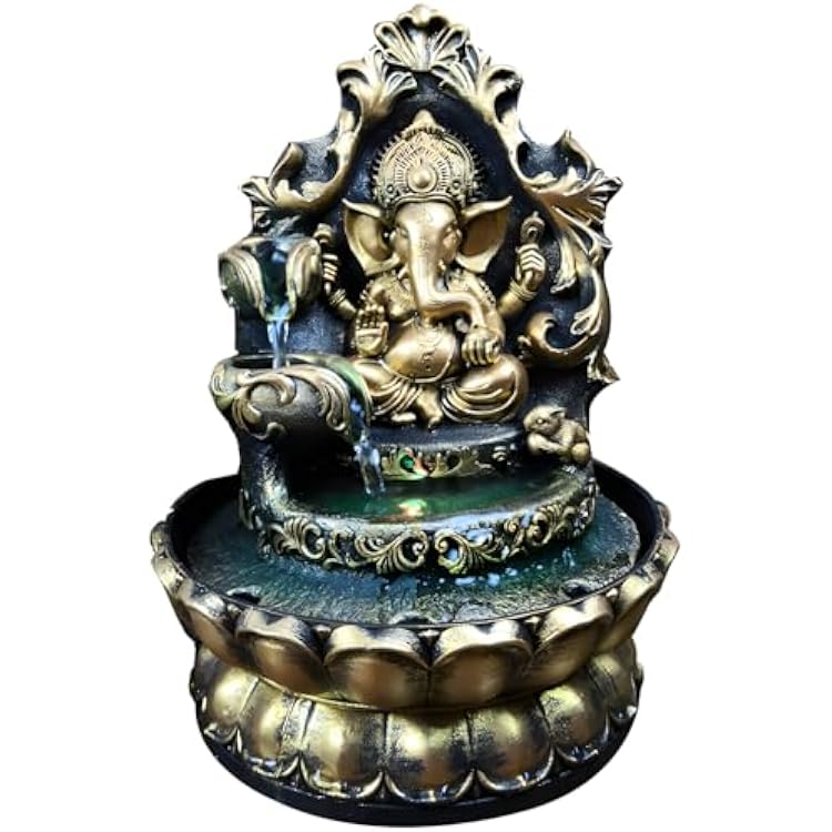 Tabletop Fountain Indoor Water Fountain, Elephant God Themed Indoor Water Fountains Tabletop, Gold and Black Water Fountain Decor Indoor, LED Lights Water Fountains Indoor Decor