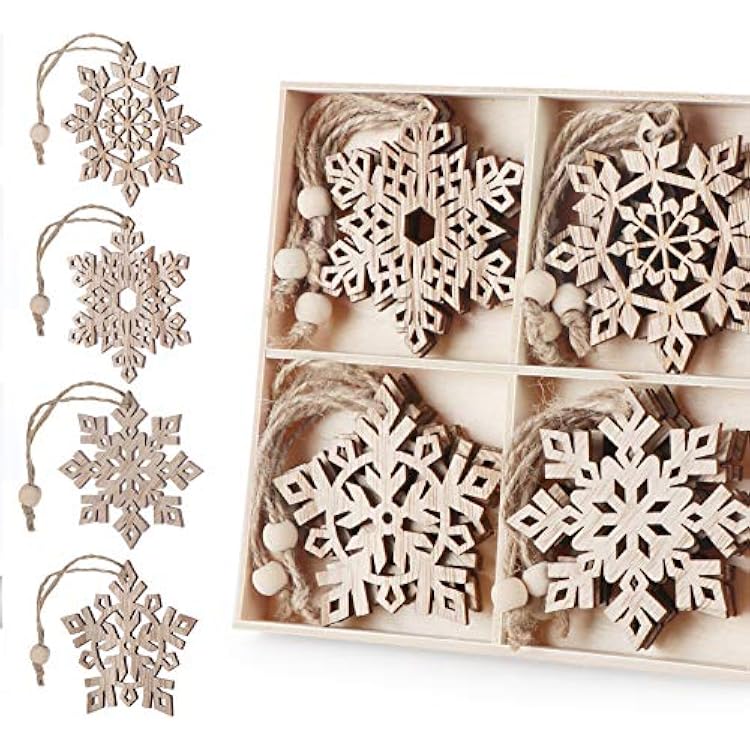 ilauke 16 pcs Unfinished Wood Snowflake Ornaments - 4 Styles with Twine, Tree Decorations & Surprise Tags 2.75-3