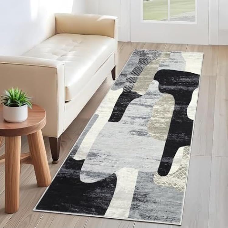 Modern Abstract Runner Rug 2x6 Contemporary Washable Runner for Hallway, Non-Slip Stain-Resistant Carpet, Low Pile Neutral Rugs Print Minimalist Indoor Rug for Laundry Bedroom Bathroom, Gray