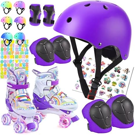 Kids Bike Helmet and Pads and Roller Skates for Girls Boys, Kids Protective Gear Set, Helmet Size M(55-58cm), Pads for 7-14 Years, Roller Skates(13.5C-3Y)