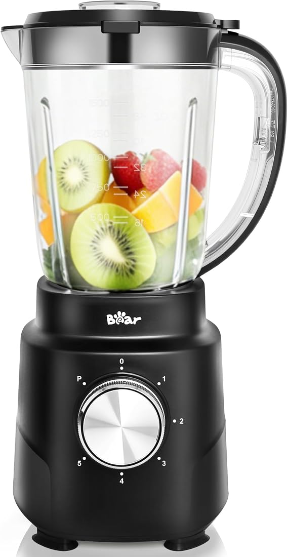 Bear 800W 6-Speed Blender, BPA-Free Smoothie Blender for Kitchen | 50oz(1.5L), Suction Feet, Feeding Hole, 10 blades, Countertop Blender for Smoothies, Crush Ice, Frozen Fruit, Juice and Puree
