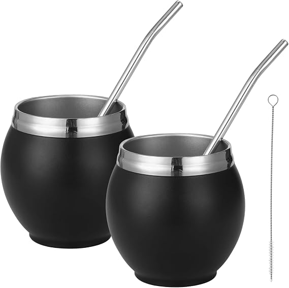 2 Pcs Yerba Mate Cup Set, 9.5 oz/280 ml Stainless Steel Mate Gourds, Sleek Matte Body, Stainless Steel Straws, Ideal for Traditional Mate Tea Drinking, Black