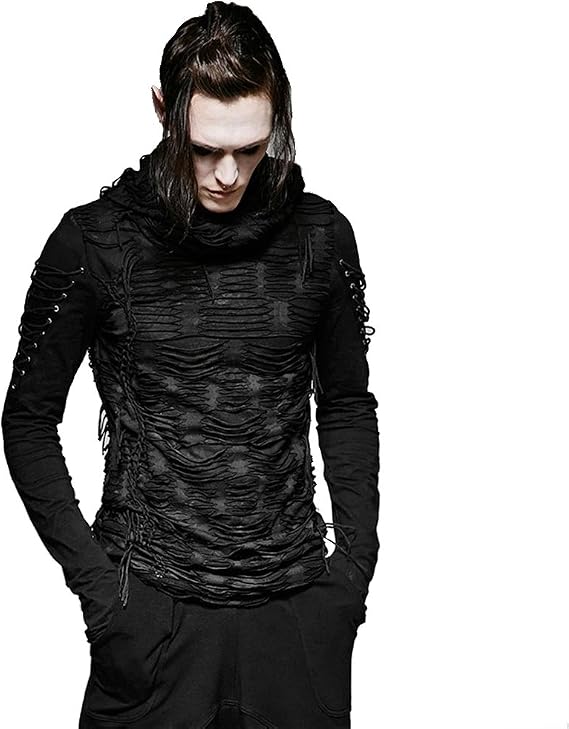 Gothic Men Hole T Shirt Punk Hoodies Ripped Casual Tee Tops Long Sleeve Black T-Shirt