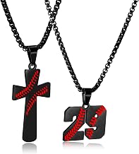 RWQIAN 2PCS Baseball Necklace for Boys Baseball Number Pendant Necklace Stainless Steel Mens Baseball Cross and Number Chain Set,I CAN DO ALL THINGS Strength Bible Verse Cross Necklace Sport Jewelry