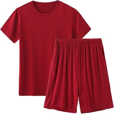 Mens Pajama Set Summer Short Sleeve Nightwear Shorts with Pockets Round Neck Lounge Wear Jogger Sleep Set