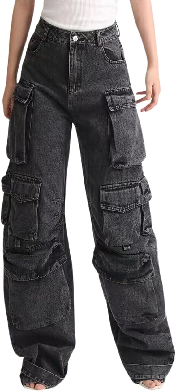 Women's Cargo Pants Low Waist Baggy Jeans Pocket Wide Leg Casual Trendy Streetwear Grunge Emo Clothes, Black4, Medium