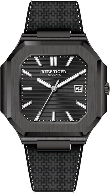REEF TIGER RT Men's Full Black Square Automatic Watch Luminous Hands Date Function Calfskin Strap Mechanical Watches RGA2015 (RGA2015-BBBL)