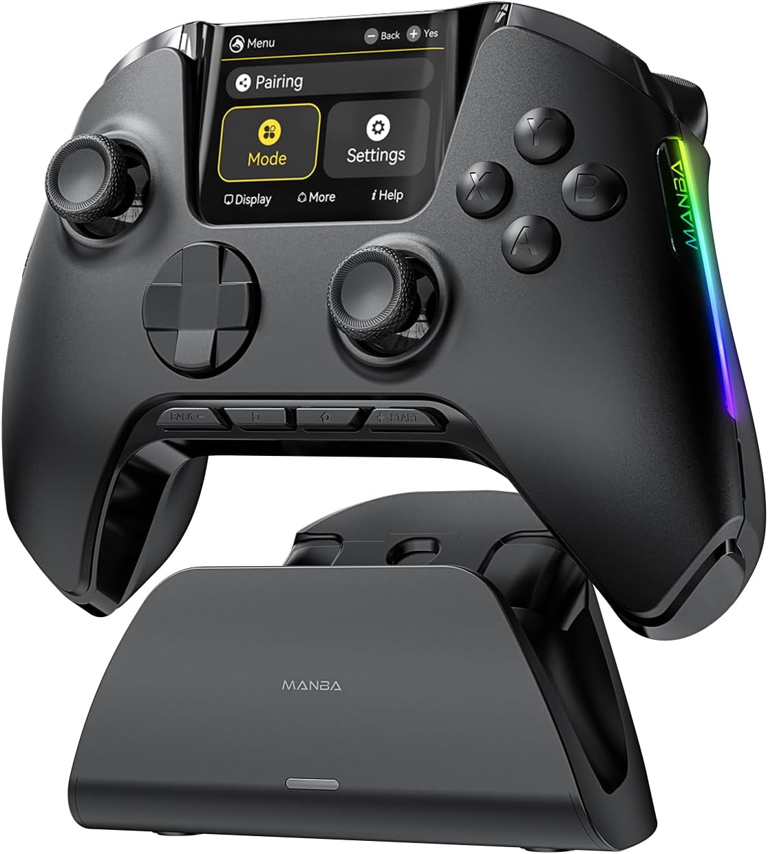 ManbaOne Interactive Screen Wireless Gaming Controller für PC/Switch/Switch 2/iOS/AndroidHall-Effekt Stick & TriggerRGB-BeleuchtungRemappable Buttons1800mAh mit Ladestation (Schwarz)