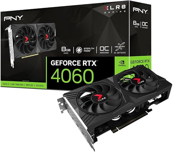 PNY GeForce RTXTM 4060 8GB XLR8 Gaming VertoTM Dual Fan OC Graphics Card DLSS 3 (128-bit, PCIe 4.0, GDDR6, HDMI/DisplayPort, Supports 4k, 2 Slot)