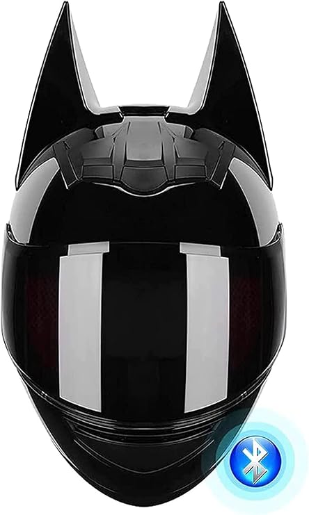 Black Cool Bat/Cat Ear Full Face Bluetooth Motorcycle Helmet Adults Comfortable Breathable Personality Locomotive Helmet, DOT Approved, Scooter Moped Cruiser Jet Chopper Helmets, S-XL/50-62cm