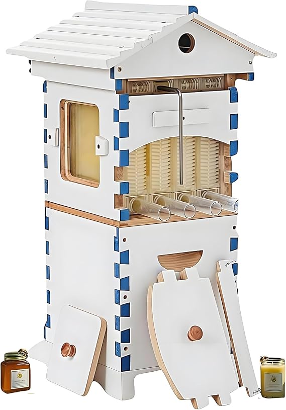 Bee Hive Box Starter Kit, Self-Flow Hive with 4 Beehive Frames & 6 Brood Frames, Complete Beekeeping Kit with Observation Window for Backyard & Garden Pollinators