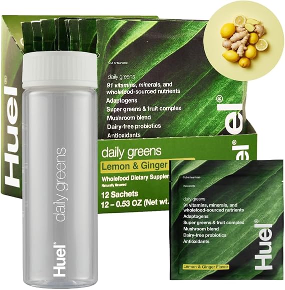 Huel Daily Greens Bundle | Single Serve Lemon and Ginger + Bottle | Superfood Greens Powder | 91 Vitamins, Minerals, and Wholefood-Sourced Ingredients | 12 Servings | Lockable Lid to Avoid Spills