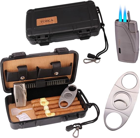 Durable Waterproof Travel Cedar Wood Lined Cigar Humidor Case with Cigar Humidifier, Cutter and Lighter.Sturdy Cigar Box Holder Gift Set, Airtight,Holds up to 5 Cigars (Black)