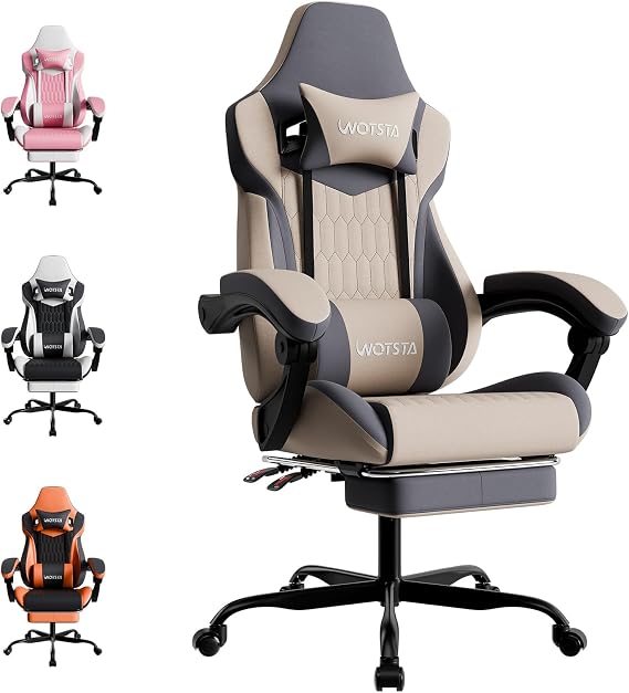 Gaming Chair, Ergonomic Gaming Chair with Footrest and Lumbar Support, Computer Chairs, Height Adjustable Computer Racing Gamer Chairs for Gaming or Office, Beige Blue