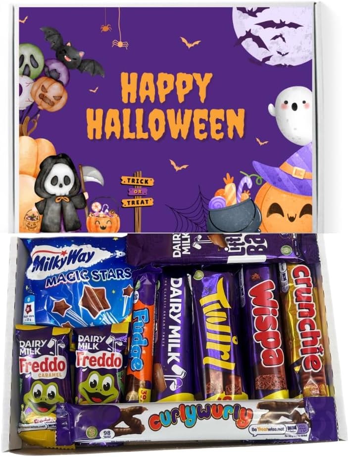 QLV Halloween Chocolate Box - 10 Milk Chocolate Bars. Party, Present or Trick or Treat Letterbox Friendly Halloween Sweets and Party Gifts