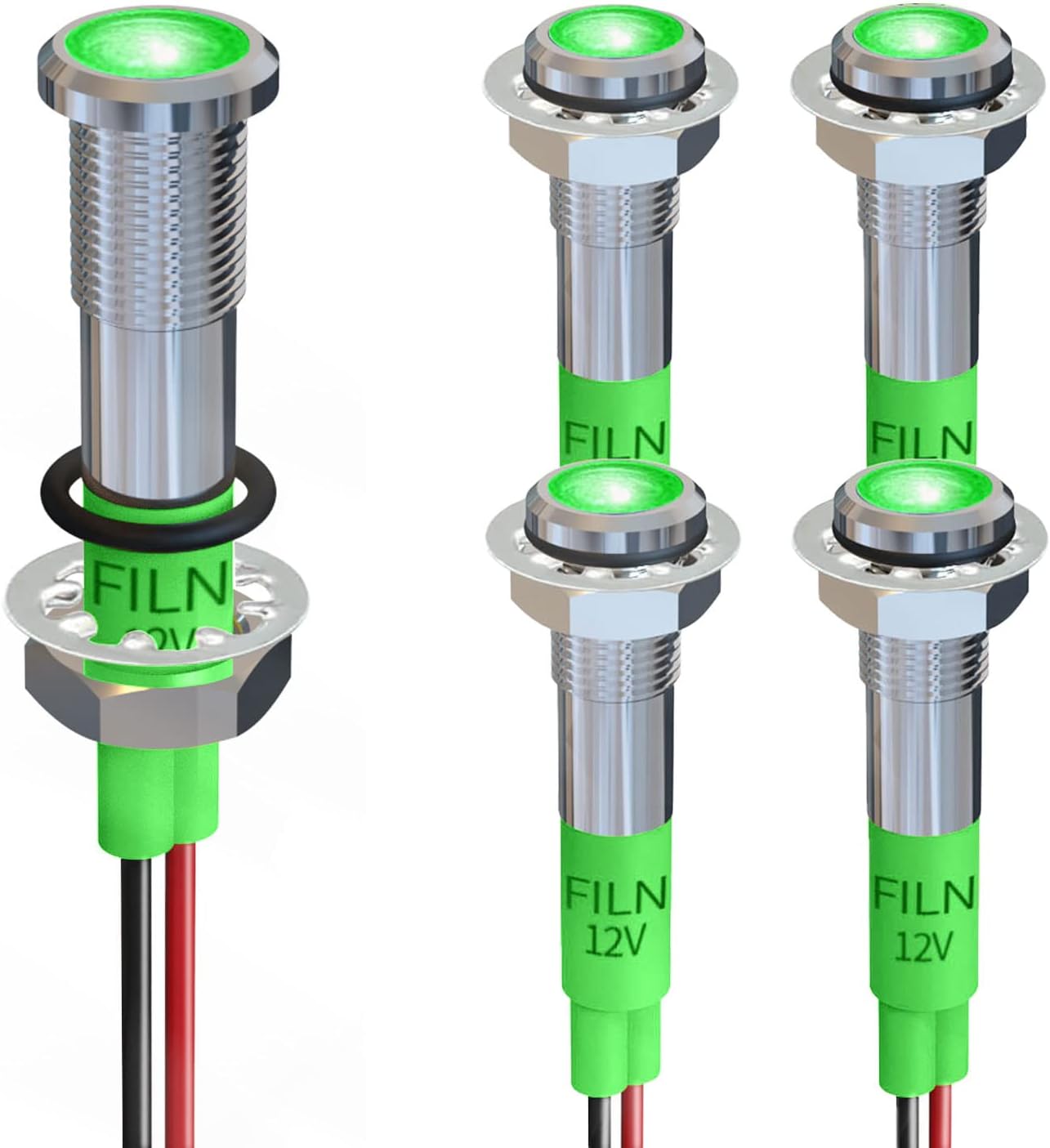 5 PCS 6MM14‘’ 12V LED Indicator Light Mini Copper Metal Waterproof IP67 Pilot Signal Lamp Red Green Yellow Blue White（[Brass Nickel Plated] Green 5 Pcs