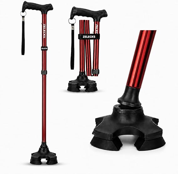 ZELECKS Walking Cane for Women & Men - Self Standing Adjustable Folding Cane with T Handle and 360 Pivot Base - Lightweight Foldable Walking Stick for Seniors - Collapsible Cane for Walking