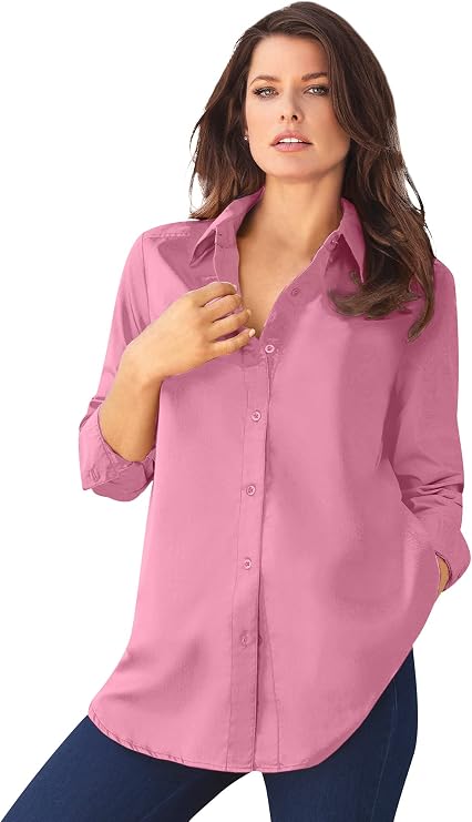 Roaman's Kate Long Sleeve Easy Cotton-Blend Button-Front Shirt