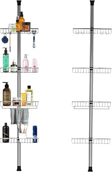 Blue Canyon 4 Tier Stainless Steel Shower Caddy, No Drill Bathroom Shelf, Telescopic Shower Caddy, Powder Coated Adjustable Shelves for Soap, Shampoo, Corner Shelf, Bathroom Organizer, Silver