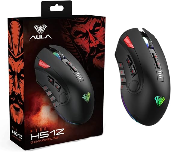 AULA H512 MMO Gaming Mouse with 7 Side Buttons, Black, Switch DPI Between 400 DPI and 5000 DPI to Present 6 Different LED Cool Lighting Effects,Custom Programmable Function Via Software