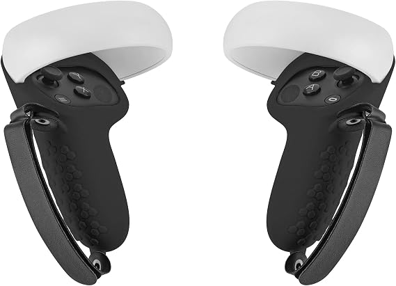 Geekria Touch Controller Grip Cover Compatible with Meta Quest 2, VR Anti-Throw Handle Grip Silicone Sleeve with Adjustable Hand Strap, Controller Caps (Black)