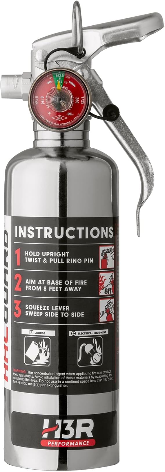 HalGuard Compact Fire Extinguisher for Vehicles, Race Cars & Trucks | Clean Halotron No Powder, No Mess | Rechargeable & Safe for Engine, Interior, Electronics | UL Listed | Chrome 1.4 lbs