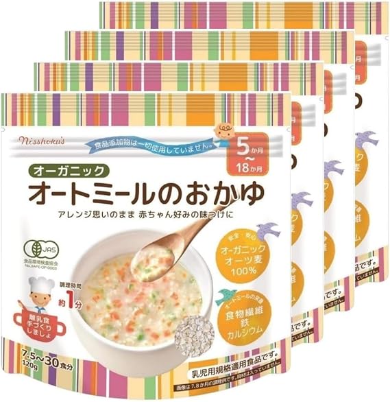 Nissui Organic Oatmeal Porridge 120g x 4 pieces Domestically Manufactured, Weaning Food, No Additives, Infant Formula Eligible Food, Japanese Food Manufacturing